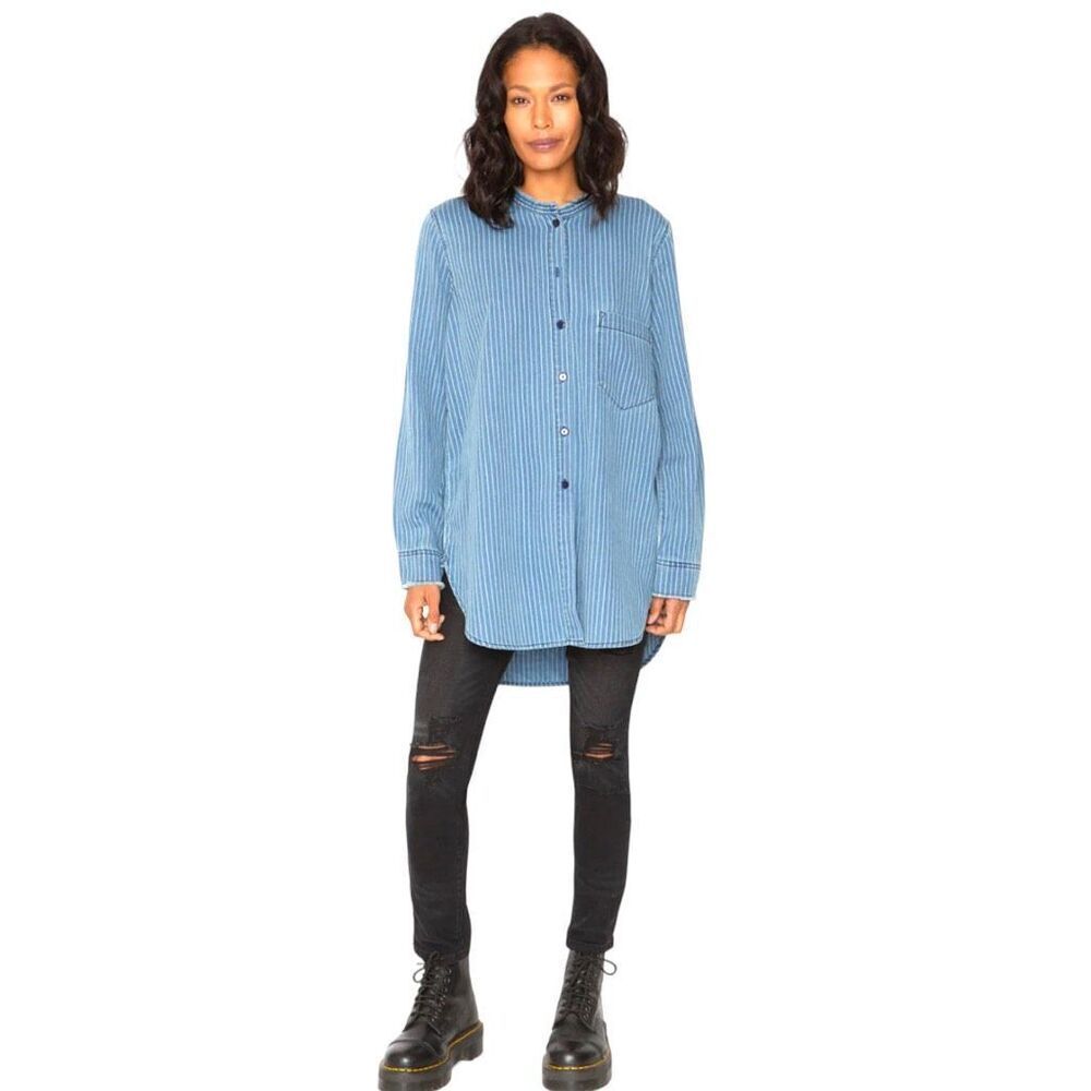 Sandrine Rose By Free People Women's Blue Striped Washed Mandarin Long Sleeve Si